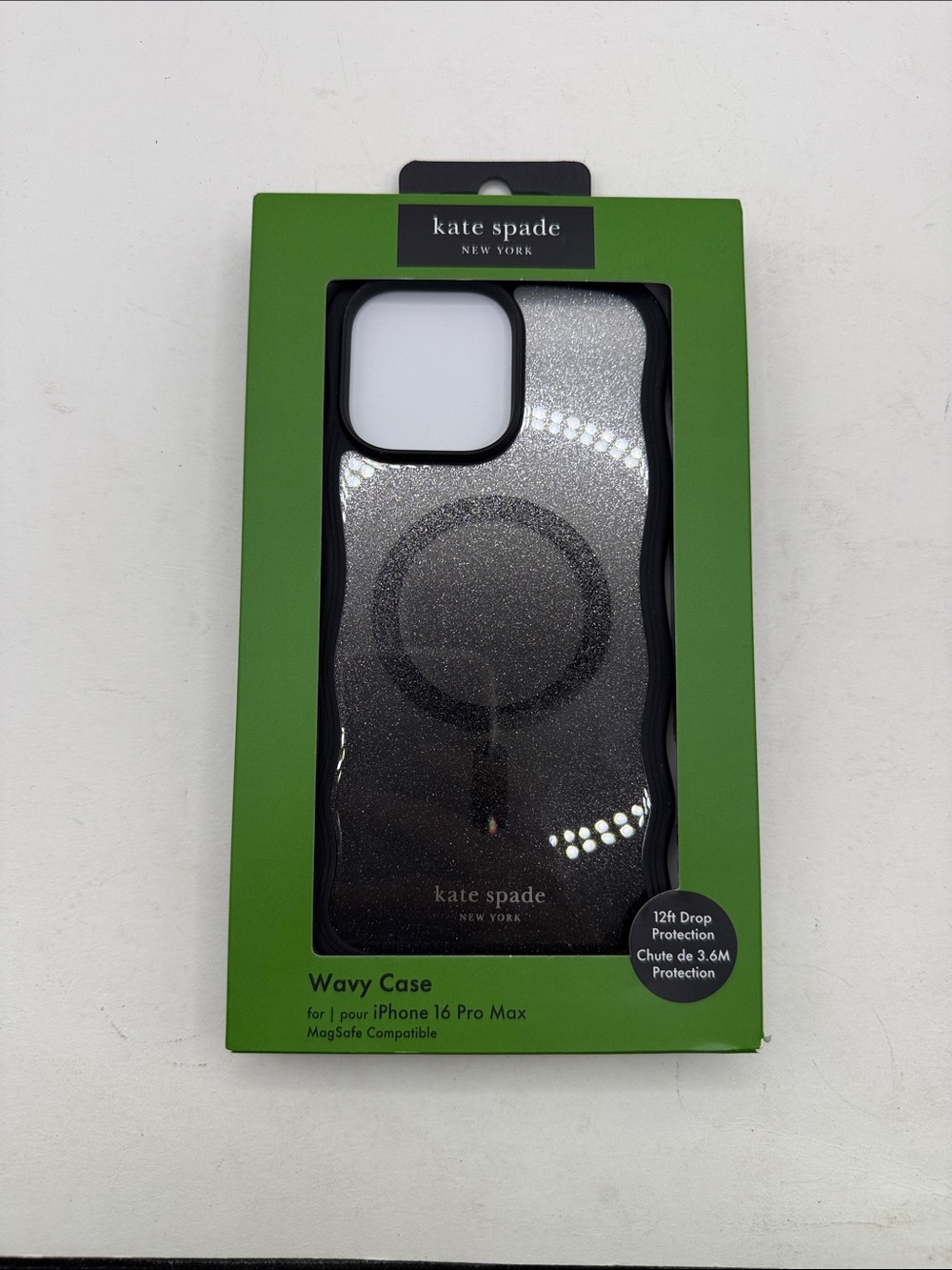 NWT Kate Spade Nightfall Black Glitter Wavy MagSafe iPhone 16 Pro Max Case Cute